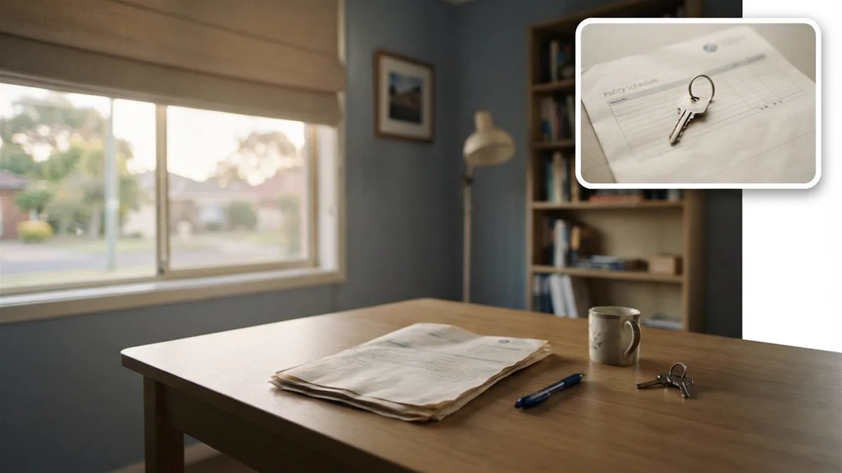 An insurance policy document and a pen resting on a desk near a window.